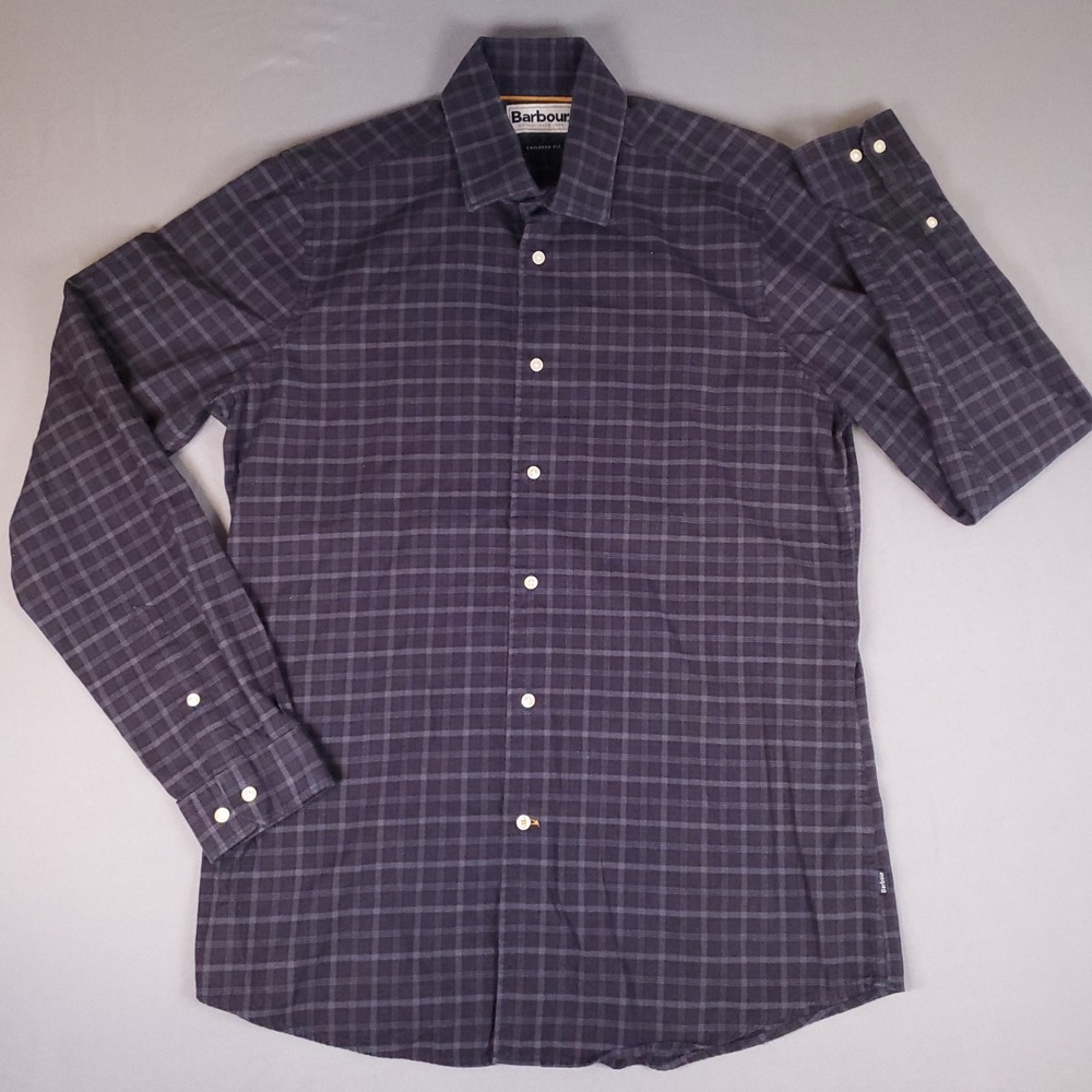 Barbour Shirt Mens Small Long Sleeve Brown Gray Plaid Highfield Tailored Fit